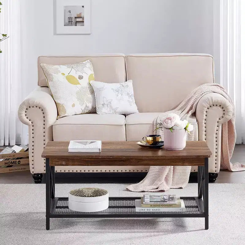 Industrial X-Frame Coffee Table with Open Storage Shelf, 39.4"L Wood & Metal