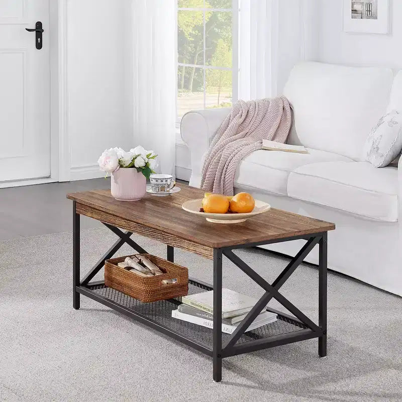 Industrial X-Frame Coffee Table with Open Storage Shelf, 39.4"L Wood & Metal