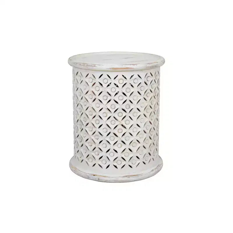 Jofran, Decker Small Distressed Hardwood Global Drum End Table, White